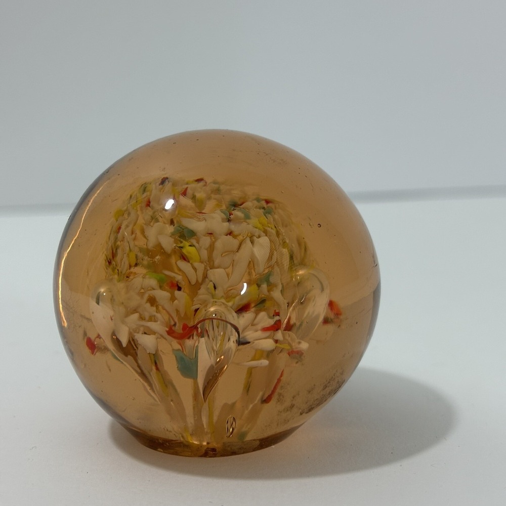 Vintage Confetti Paperweight Floral Bubble Art Glass Hand Blown Ball Shaped